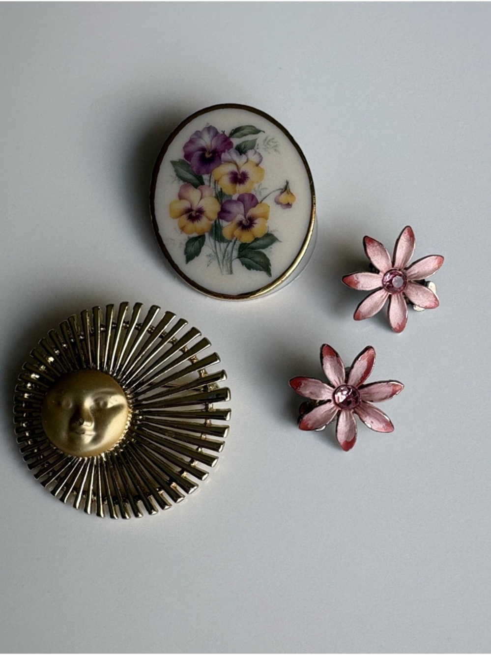 Vintage-Inspired Pink Flower clip Earrings and two beautiful brooches.